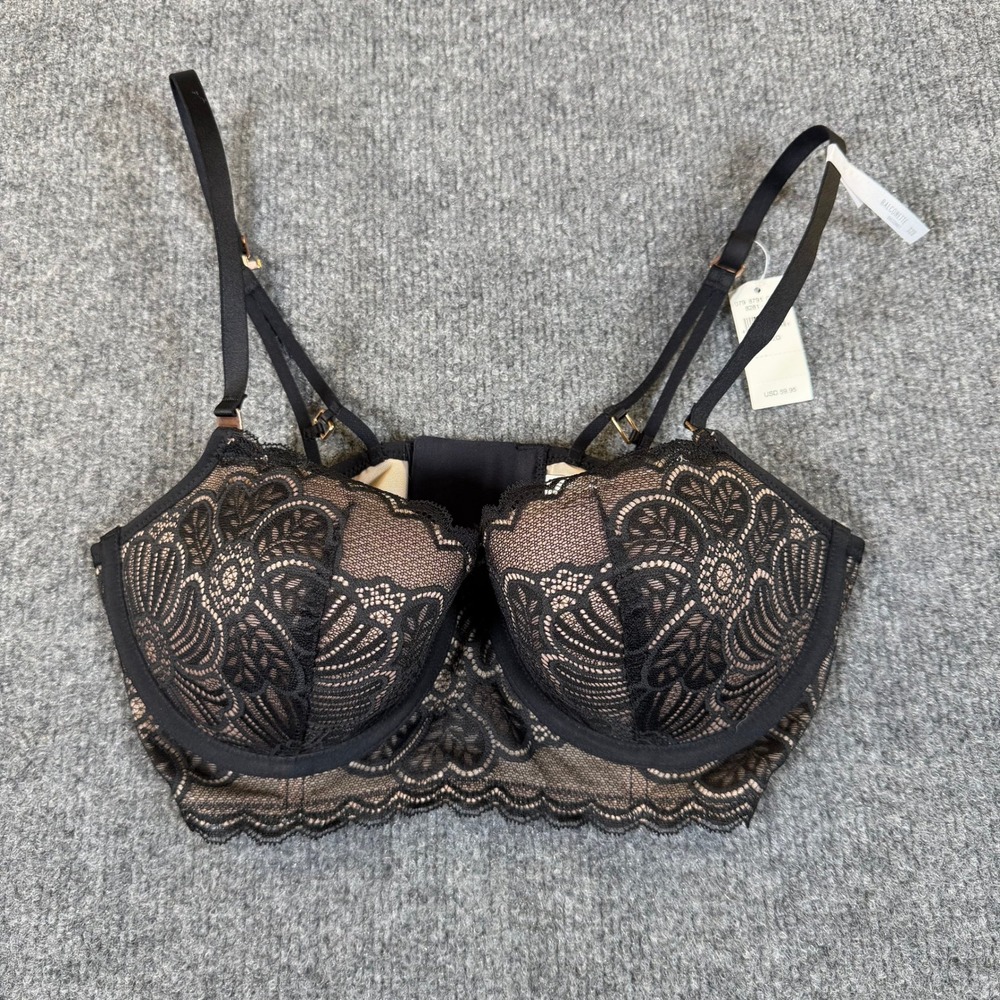 Aerie‎ Balconette Bra Black Lace Longline Underwire 32D 079-8791-03287 NEW